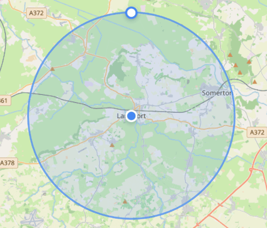 Map of the Meals on Wheels delivery area: a five mile radius around The Angel Café in Langport, reaching towards Somerton