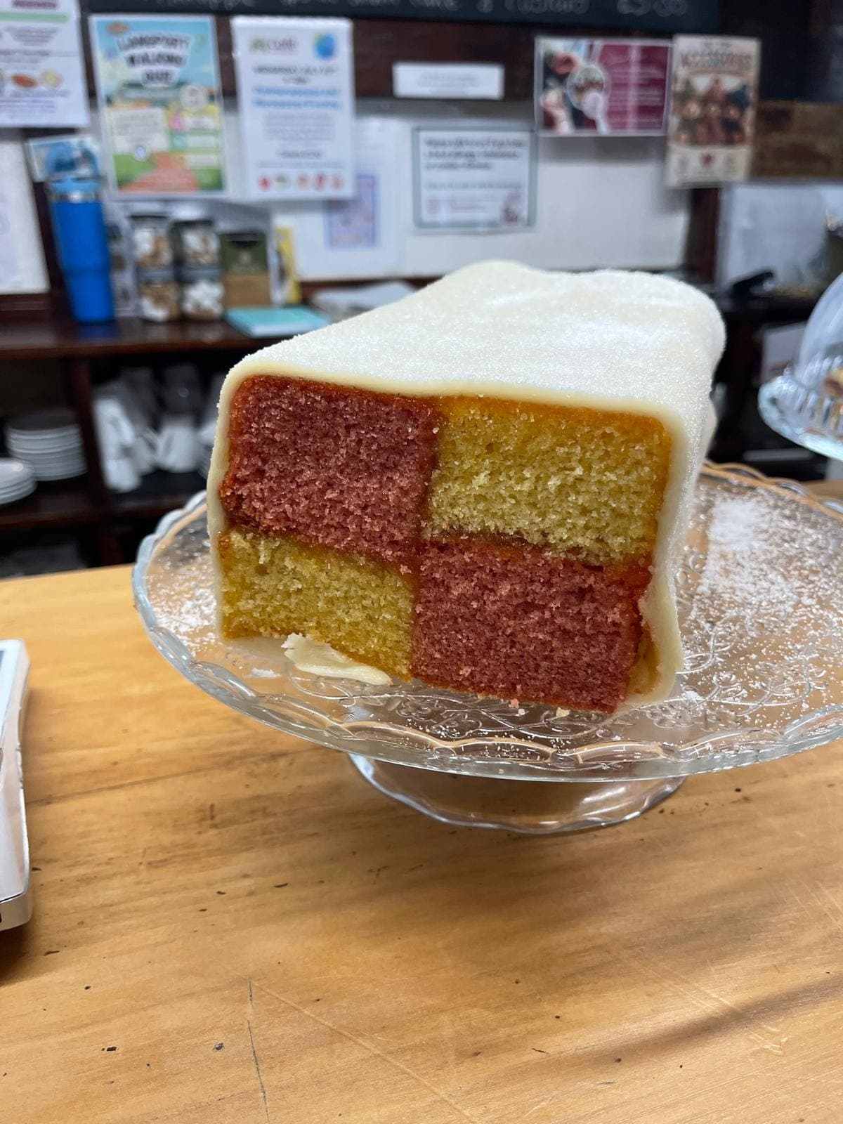 A slice of homemade battenburg cake