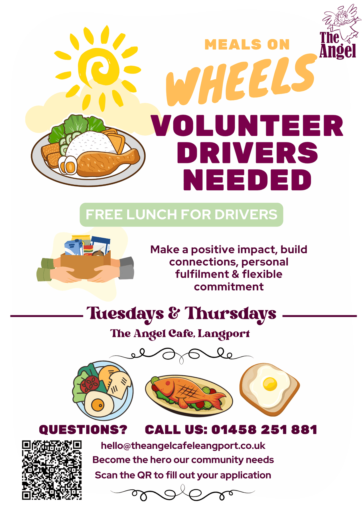 Meals on Wheels volunteer drivers needed poster: free lunch for drivers, Tuesdays and Thursdays at The Angel Café, Langport